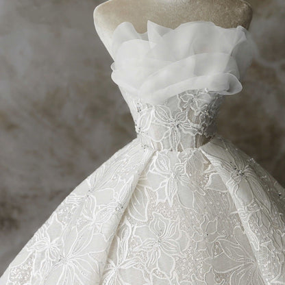 Sleek Strapless A-Line Bridal Gowns Appliques White Ruffles Wedding Dress AP6076