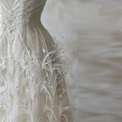Dainty Strapless A-Line Bridal Gowns Sequins Feather White Lace Wedding Dress AP6077