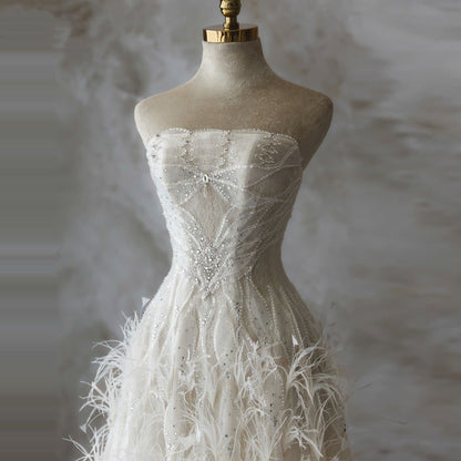 Dainty Strapless A-Line Bridal Gowns Sequins Feather White Lace Wedding Dress AP6077