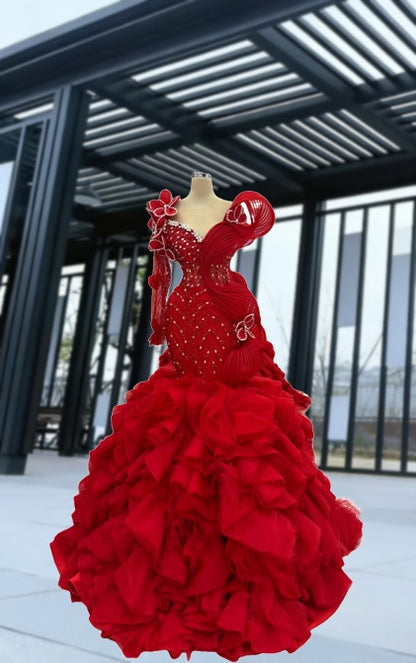 Lustrous Illusion Neck Long Sleeve Red Ruffles Evening Mermaid Dress Crystals Appliques Red Prom Dress AP6079