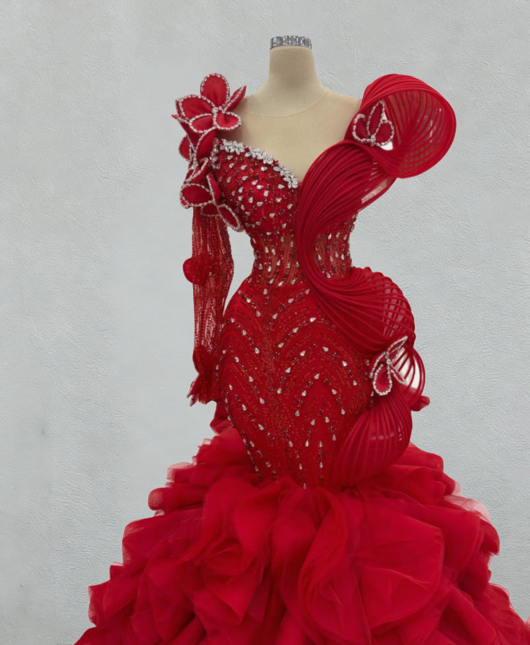 Lustrous Illusion Neck Long Sleeve Red Ruffles Evening Mermaid Dress Crystals Appliques Red Prom Dress AP6079