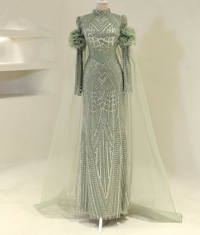 Romantic High Collar Long Sleeve Sheath Evening Dress Beading Handmade Flowers Prom Dress AP6080