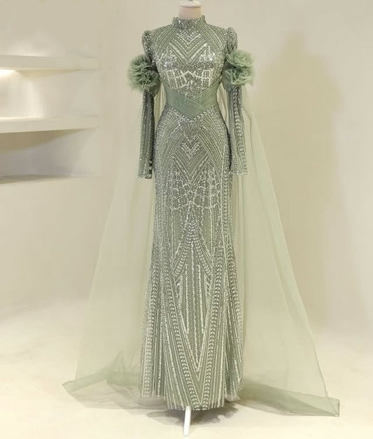 Romantic High Collar Long Sleeve Sheath Evening Dress Beading Handmade Flowers Prom Dress AP6080