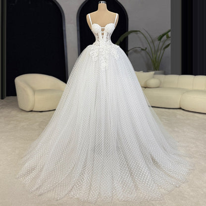 Ornate A-Line Spaghetti Strap Cutout Bridal Gowns Appliques Beads Tulle Wedding Dress AP6081