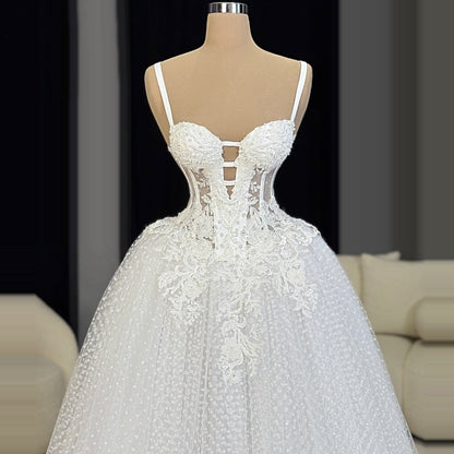 Ornate A-Line Spaghetti Strap Cutout Bridal Gowns Appliques Beads Tulle Wedding Dress AP6081