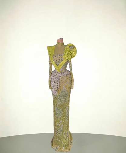 Chic Long Sleeve Sheath High Collar Evening Dress Beading Rhinestones Prom Dress AP6083