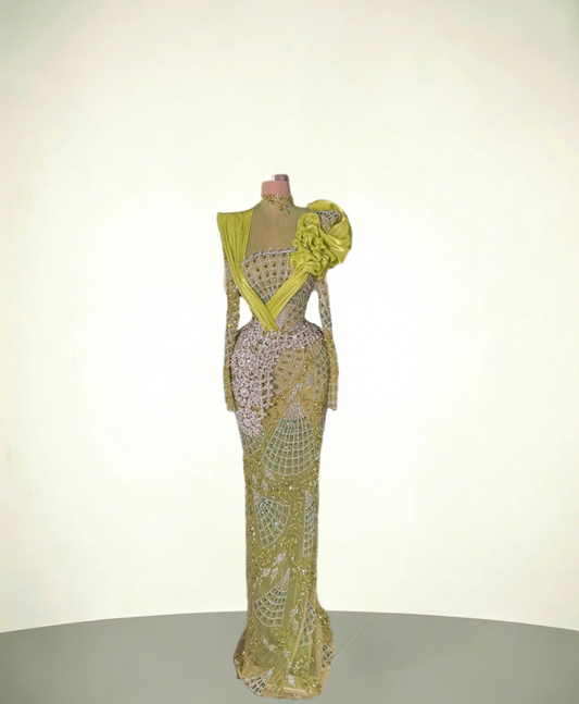Chic Long Sleeve Sheath High Collar Evening Dress Beading Rhinestones Prom Dress AP6083