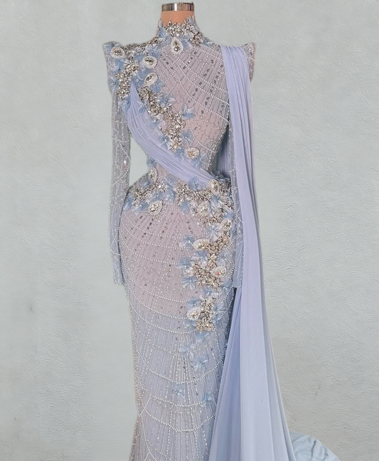 Luxurious Long Sleeve Sheath High Collar Evening Dress Sequins Beading Crystals Prom Dress AP6084