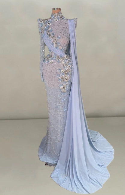 Luxurious Long Sleeve Sheath High Collar Evening Dress Sequins Beading Crystals Prom Dress AP6084