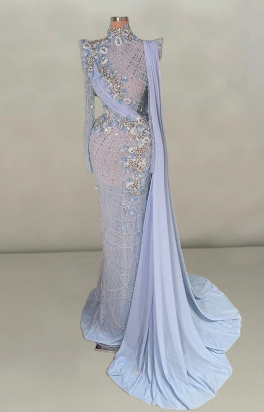 Luxurious Long Sleeve Sheath High Collar Evening Dress Sequins Beading Crystals Prom Dress AP6084