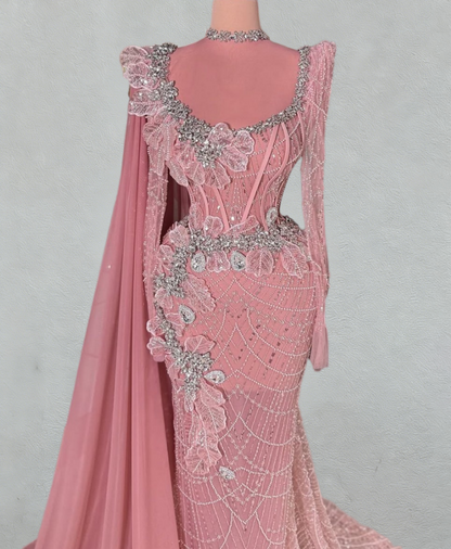 Luxury Long Sleeve Sheath High Collar Evening Dress Pink Crystals Sequins Beading Prom Dress AP6085