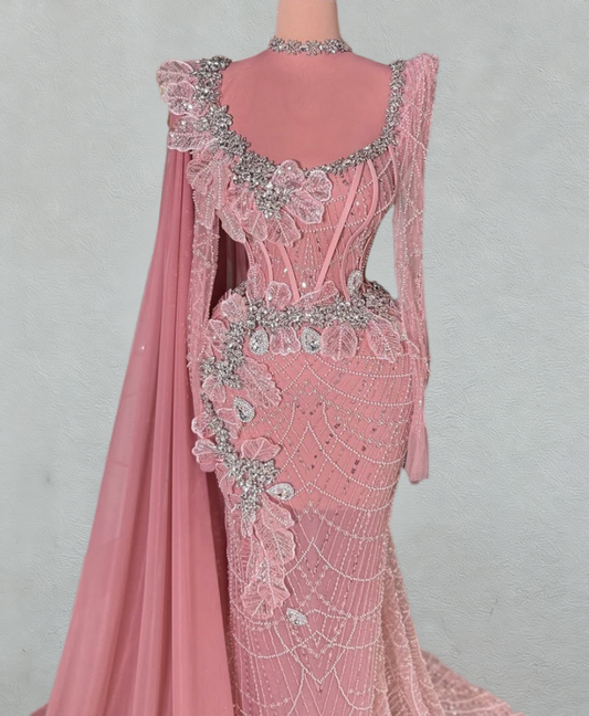 Luxury Long Sleeve Sheath High Collar Evening Dress Pink Crystals Sequins Beading Prom Dress AP6085