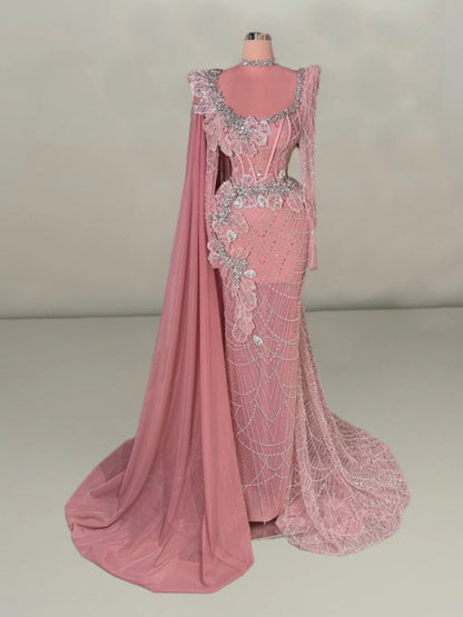 Luxury Long Sleeve Sheath High Collar Evening Dress Pink Crystals Sequins Beading Prom Dress AP6085