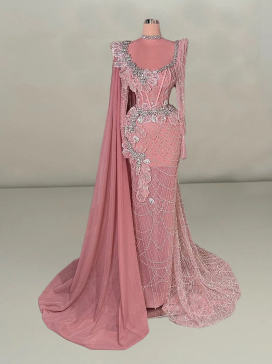 Luxury Long Sleeve Sheath High Collar Evening Dress Pink Crystals Sequins Beading Prom Dress AP6085