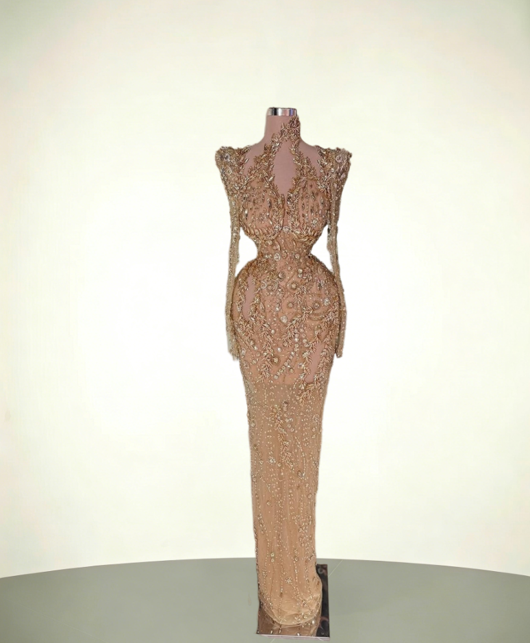 Graceful Long Sleeve Sheath Cutout High Collar Evening Dress Beading Crystals Prom Dress AP6086