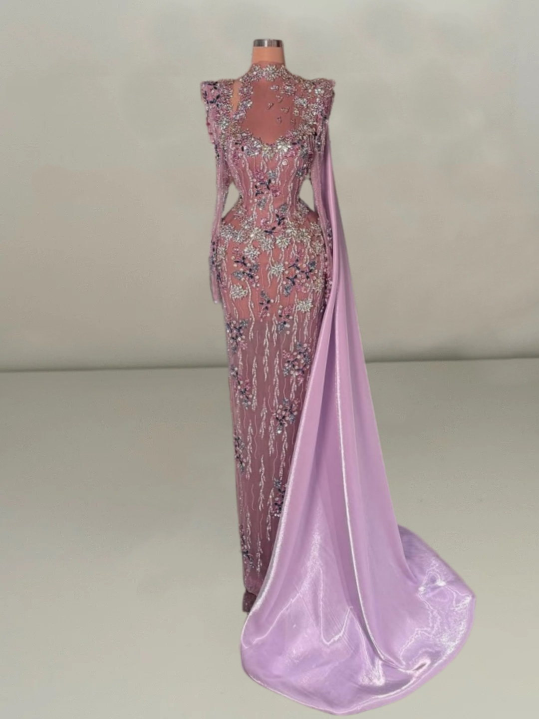 Elegant Long Sleeve Sheath High Collar Evening Dress Beading Floral Prom Dress AP6087