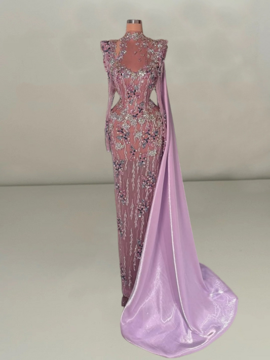Elegant Long Sleeve Sheath High Collar Evening Dress Beading Floral Prom Dress AP6087