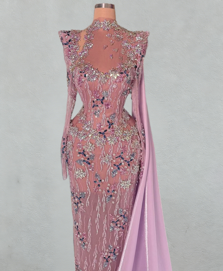 Elegant Long Sleeve Sheath High Collar Evening Dress Beading Floral Prom Dress AP6087