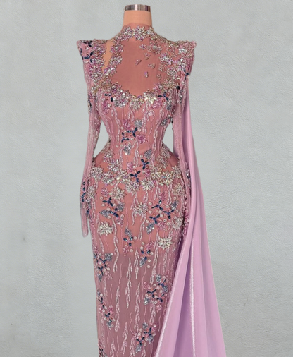 Elegant Long Sleeve Sheath High Collar Evening Dress Beading Floral Prom Dress AP6087