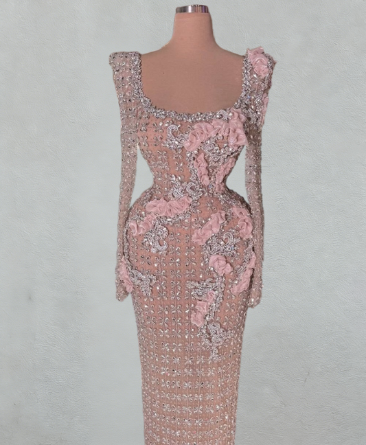 Classical Long Sleeve Sheath Square Neck Evening Dress Crystals Beaded Prom Dress AP6088