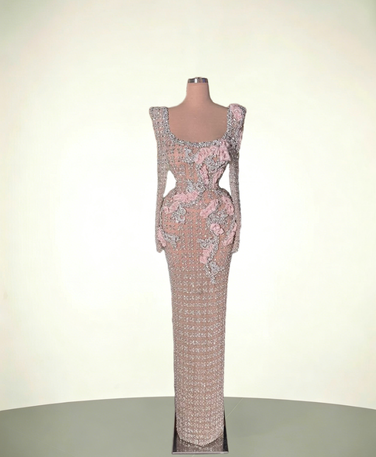 Classical Long Sleeve Sheath Square Neck Evening Dress Crystals Beaded Prom Dress AP6088