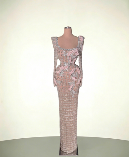 Classical Long Sleeve Sheath Square Neck Evening Dress Crystals Beaded Prom Dress AP6088