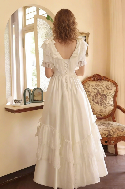 Fantastic V Neck Satin A-Line Tiered Bridal Gowns Bows Short Sleeve Lace Wedding Dress AP6089
