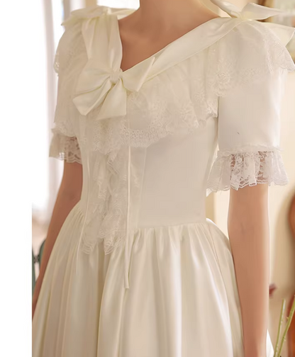 Fantastic V Neck Satin A-Line Tiered Bridal Gowns Bows Short Sleeve Lace Wedding Dress AP6089