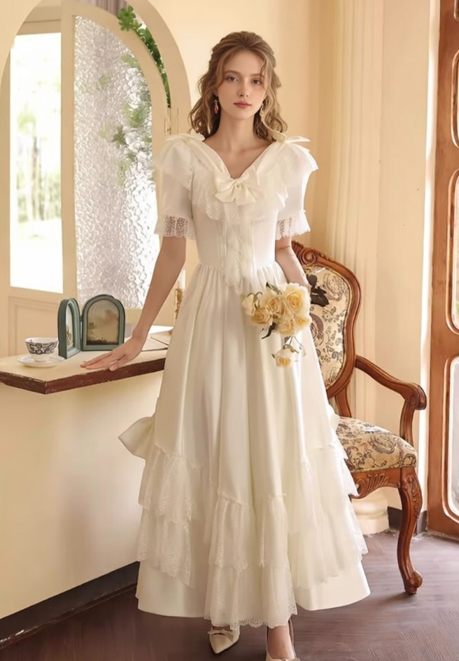 Fantastic V Neck Satin A-Line Tiered Bridal Gowns Bows Short Sleeve Lace Wedding Dress AP6089