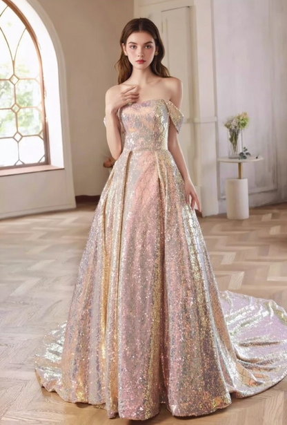 Sweet A-Line Off-Shoulder Long Evening Dress Glittering Sequins Prom Dress AP6090