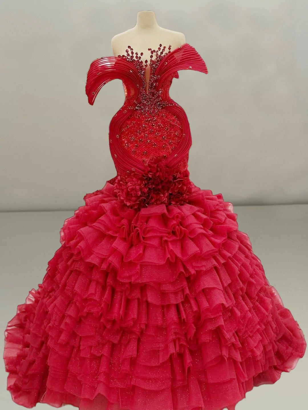 Cute Off Shoulder Red Ruffles Mermaid Evening Dresses Beading Rhinestones Prom Dress AP6091
