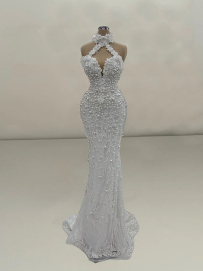 Vintage Halter Neck Bridal Mermaid Dresses Sequins Beads Appliques Wedding Dress AP6092