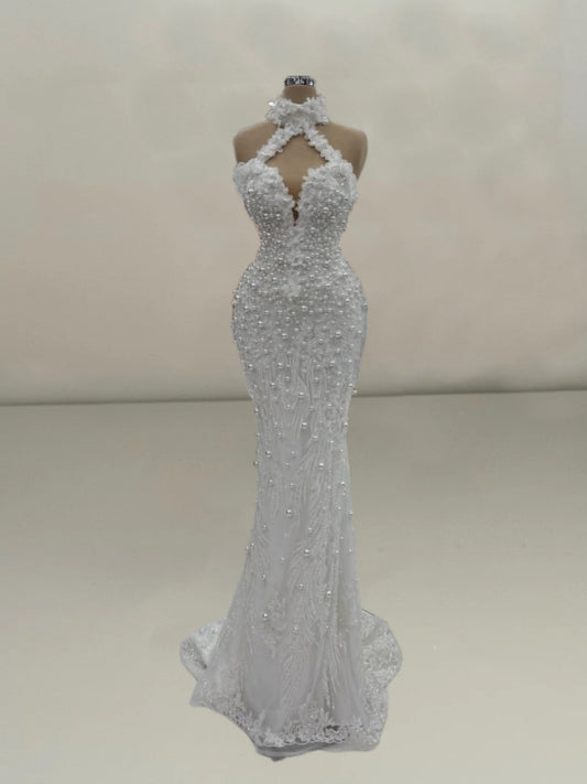Vintage Halter Neck Bridal Mermaid Dresses Sequins Beads Appliques Wedding Dress AP6092