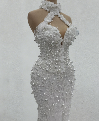 Vintage Halter Neck Bridal Mermaid Dresses Sequins Beads Appliques Wedding Dress AP6092