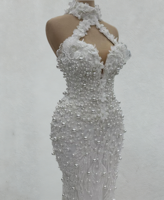 Vintage Halter Neck Bridal Mermaid Dresses Sequins Beads Appliques Wedding Dress AP6092