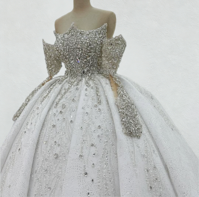 Dreamy A-Line Off-Shoulder Bridal Gowns Beading Crystals Long Sleeve Wedding Dress AP6094