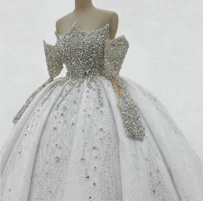Dreamy A-Line Off-Shoulder Bridal Gowns Beading Crystals Long Sleeve Wedding Dress AP6094