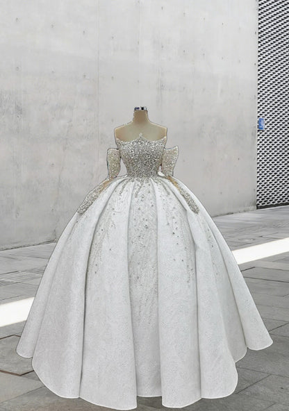 Dreamy A-Line Off-Shoulder Bridal Gowns Beading Crystals Long Sleeve Wedding Dress AP6094
