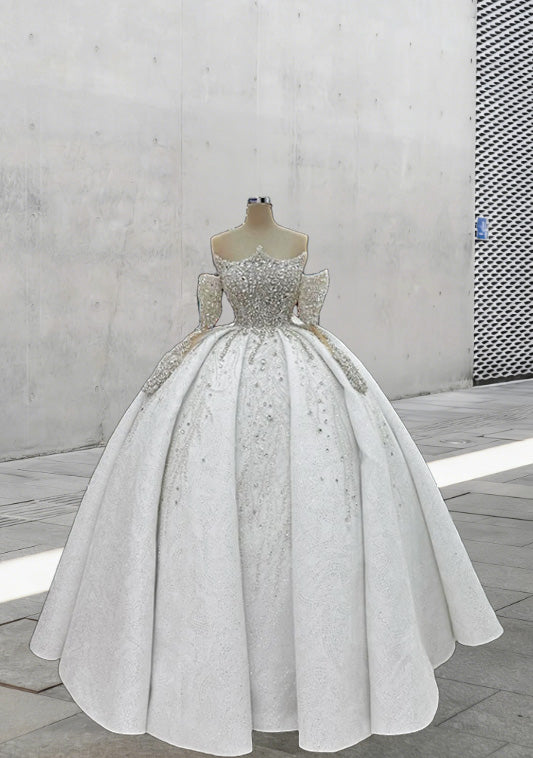 Dreamy A-Line Off-Shoulder Bridal Gowns Beading Crystals Long Sleeve Wedding Dress AP6094