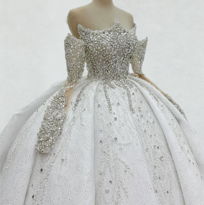 Dreamy A-Line Off-Shoulder Bridal Gowns Beading Crystals Long Sleeve Wedding Dress AP6094