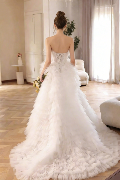 Ethereal Strapless A-Line Bridal Gowns Feather Beads Wedding Dress AP6095