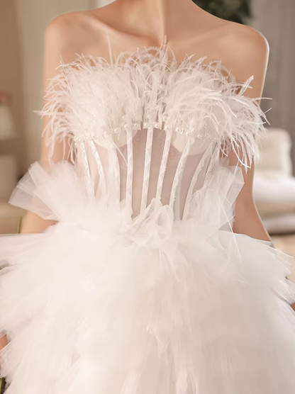 Ethereal Strapless A-Line Bridal Gowns Feather Beads Wedding Dress AP6095
