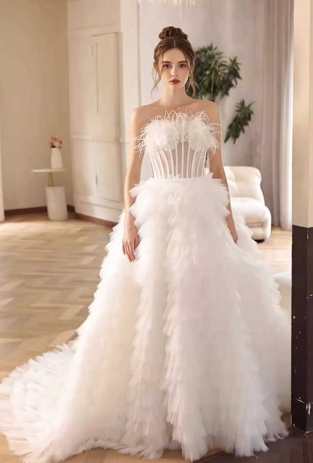 Ethereal Strapless A-Line Bridal Gowns Feather Beads Wedding Dress AP6095