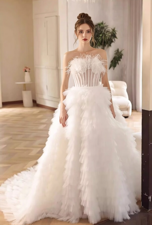 Ethereal Strapless A-Line Bridal Gowns Feather Beads Wedding Dress AP6095