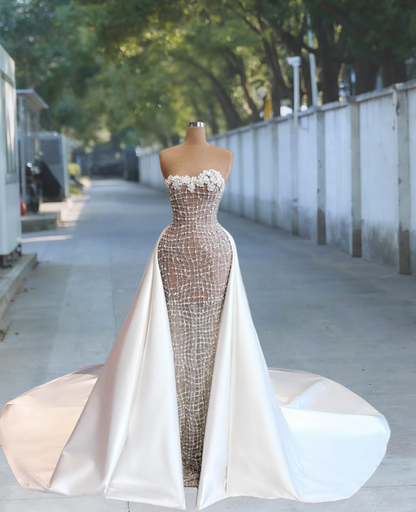 Sheen Strapless A-Line White Satin Bridal Gowns Beading Sequins Appliques Wedding Dress AP6096