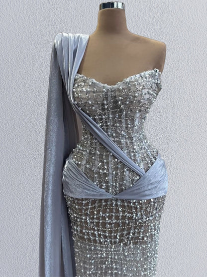 Alluring One Shoulder Sheath Sweet 16th Dresses Blue Sash Beads Sequins Prom Dress AP6097