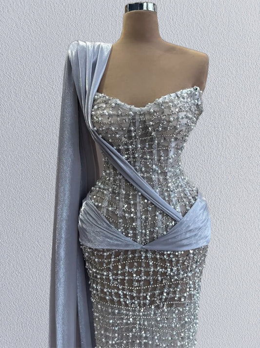 Alluring One Shoulder Sheath Sweet 16th Dresses Blue Sash Beads Sequins Prom Dress AP6097