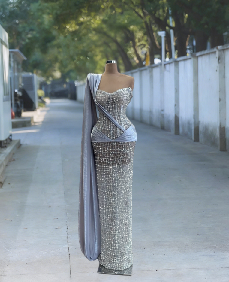 Alluring One Shoulder Sheath Sweet 16th Dresses Blue Sash Beads Sequins Prom Dress AP6097