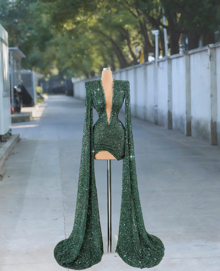 Gorgeous Deep V Neck Bodycon Birthday Dresses Sequins Long Sleeve Homecoming Dress AP6098