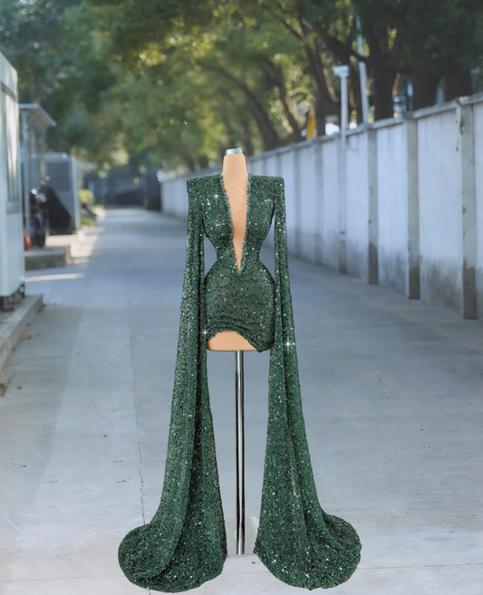 Gorgeous Deep V Neck Bodycon Birthday Dresses Sequins Long Sleeve Homecoming Dress AP6098